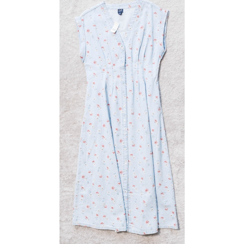 Gap Denim Pleated Waist Denim Dress Light Blue Floral Midi Womens Size M NWT